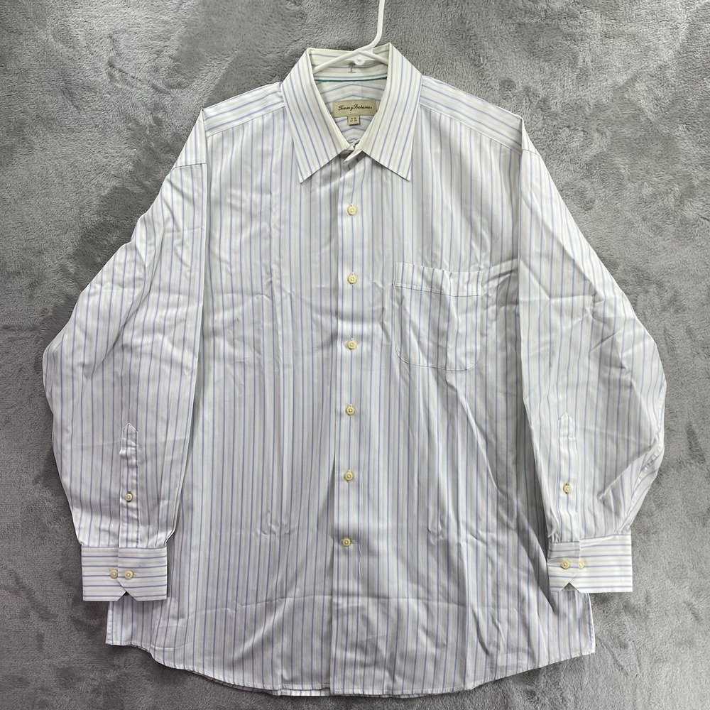 Tommy Bahama Mens Dress Shirt Size 16.5 32/33 Blue Striped 100% Egyptian Cotton